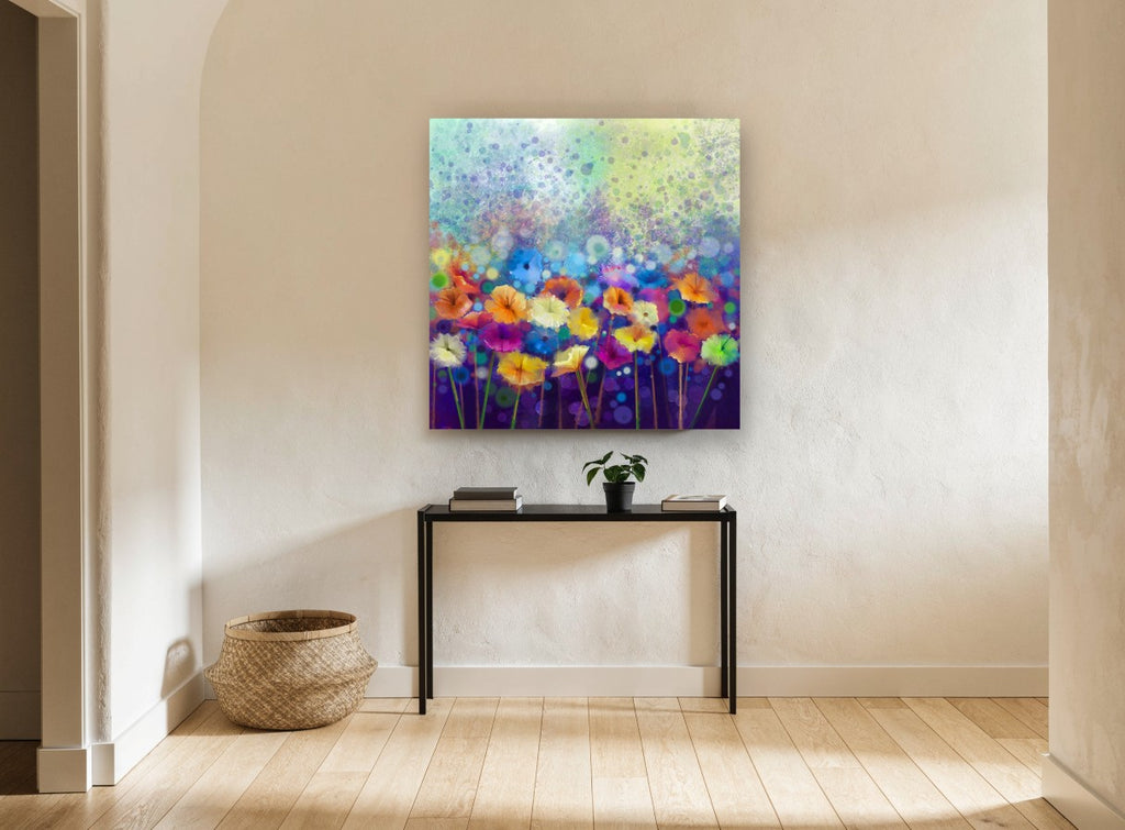 Daisy Field Bokeh floral canvas print on the wall of a hallway