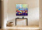 Daisy Field Bokeh floral canvas print on the wall of a hallway