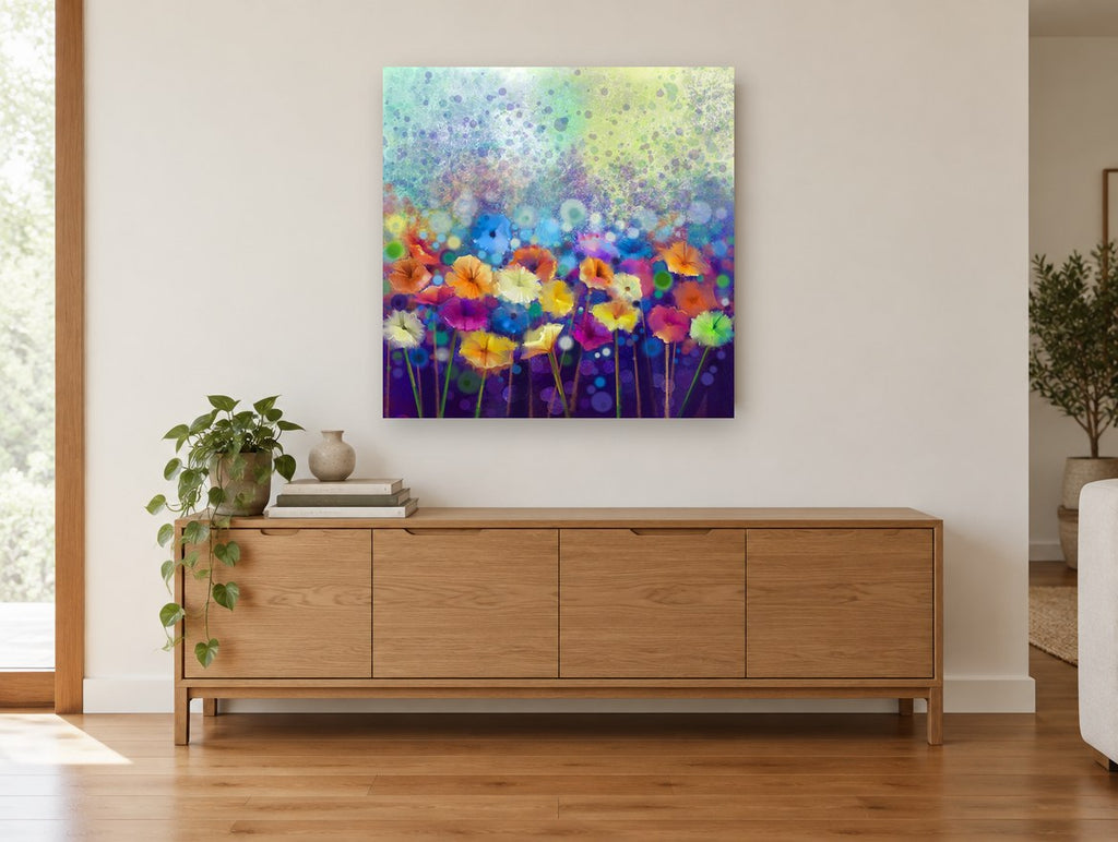 Daisy Field Bokeh floral canvas print on the wall of a living room above a sideboard