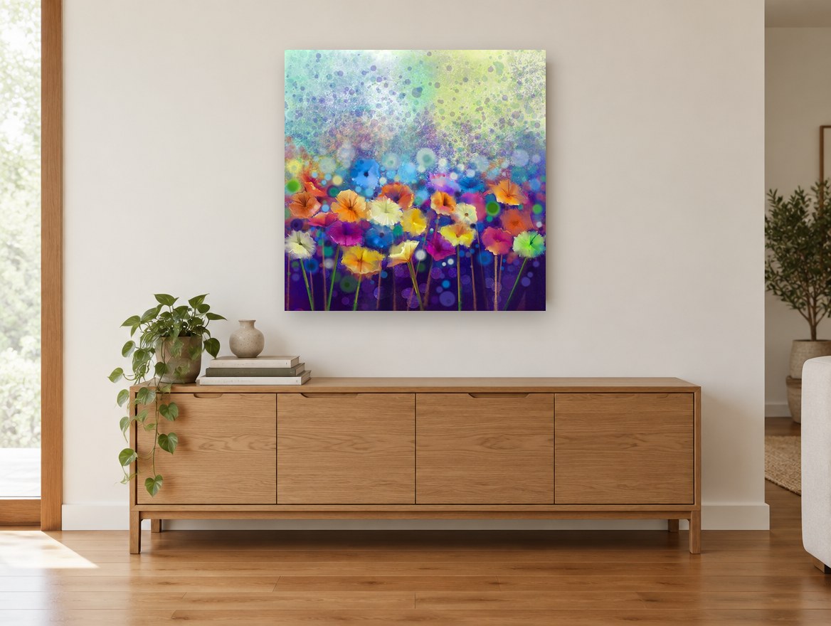 Daisy Field Bokeh floral canvas print on the wall of a living room above a sideboard