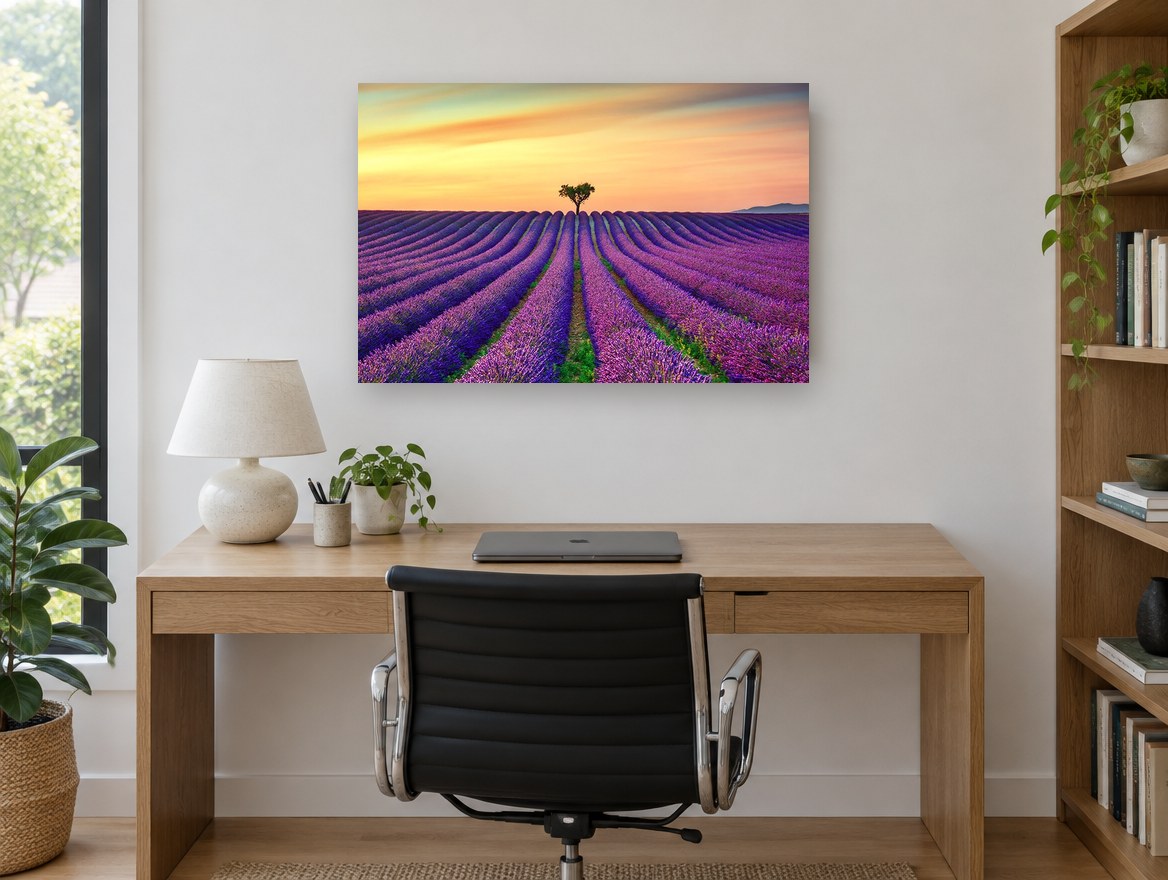 Lavender Rows at Dusk landscape canvas print on the wall of a study