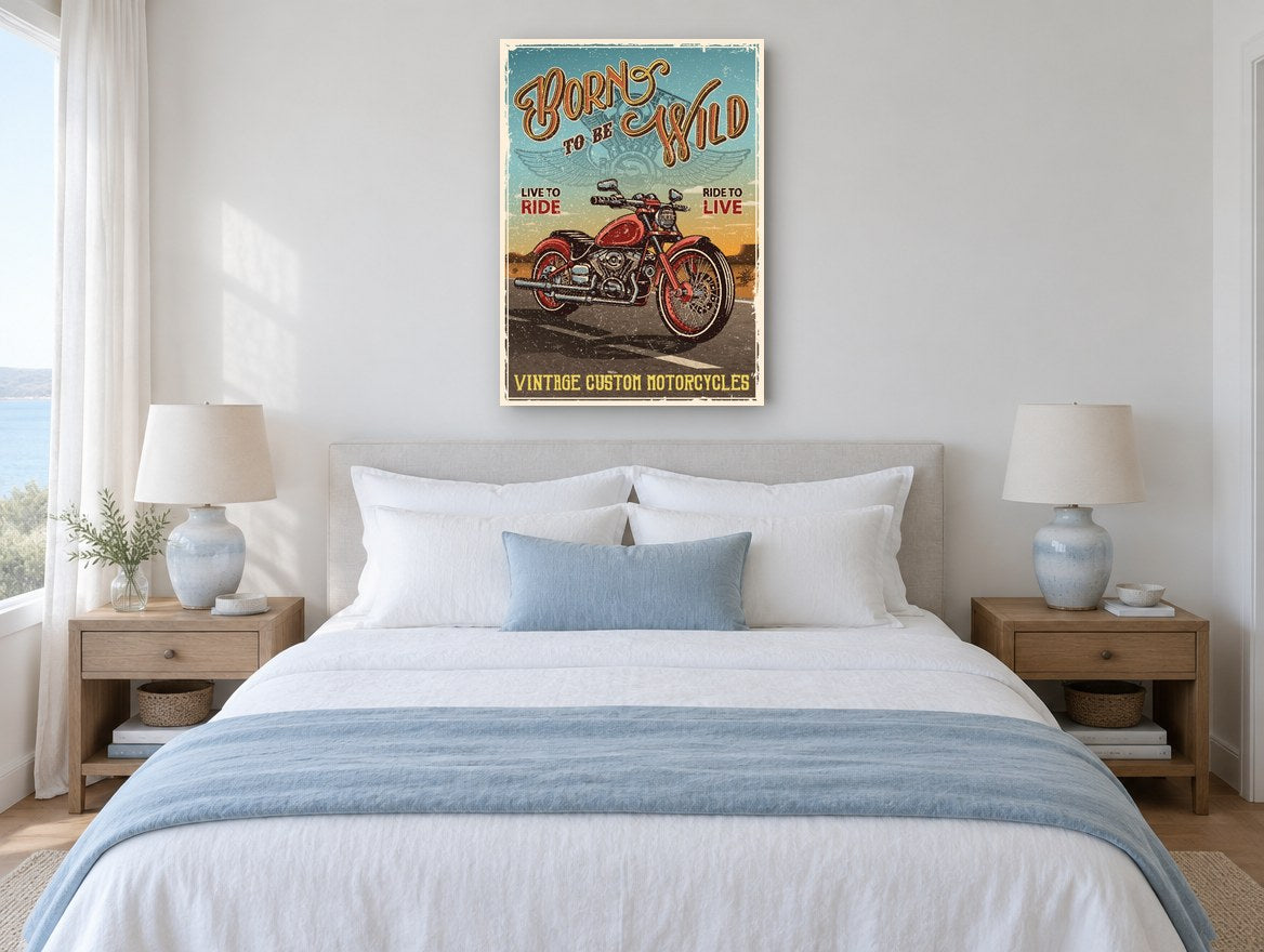 Born to Be Wild vintage canvas print on the wall of a coastal bedroom