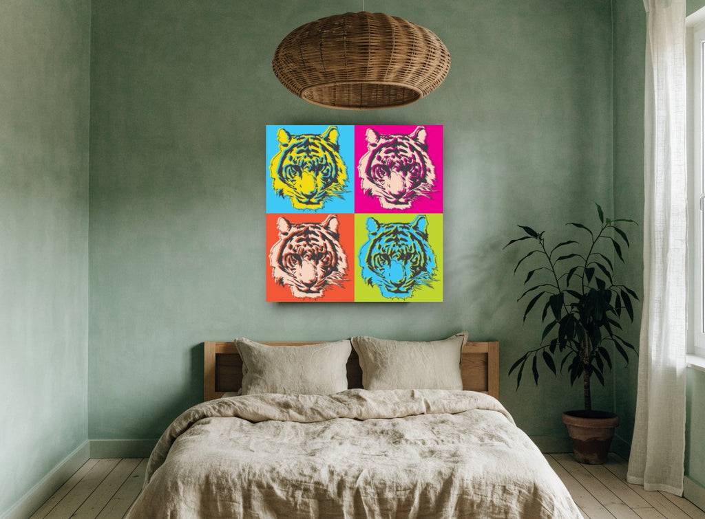 Four Tiger Pop Grid animal canvas print on the wall of a bedroom