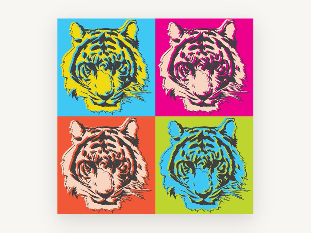 Four Tiger Pop Grid, pop art tiger face illustration, animal canvas wall art print, front view