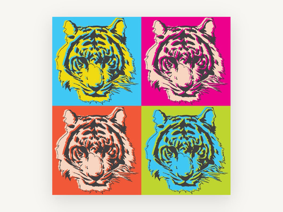 Four Tiger Pop Grid, pop art tiger face illustration, animal canvas wall art print, front view