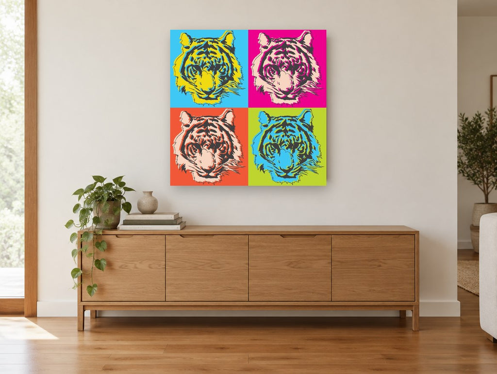 Four Tiger Pop Grid animal canvas print on the wall of a living room above a sideboard