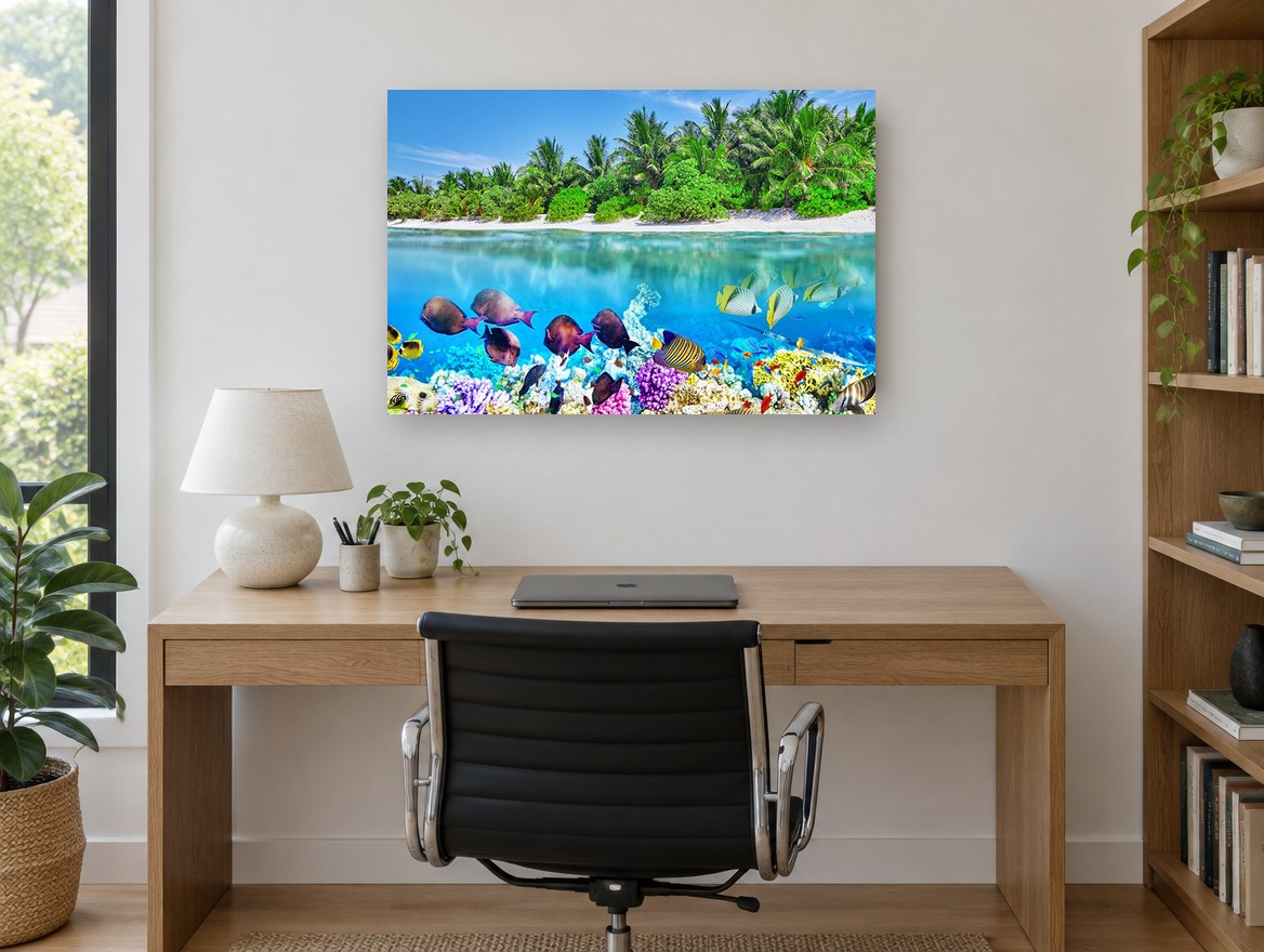 Thoddoo Reef Shoreline coastal canvas print on the wall of a study