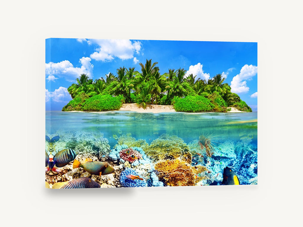 Thoddoo Reef Island, tropical island coral reef photograph, coastal canvas wall art print ready to hang