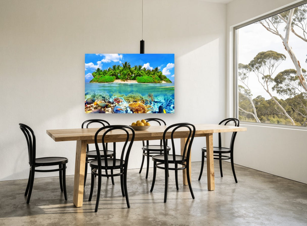Thoddoo Reef Island coastal canvas print on the wall of a dining room