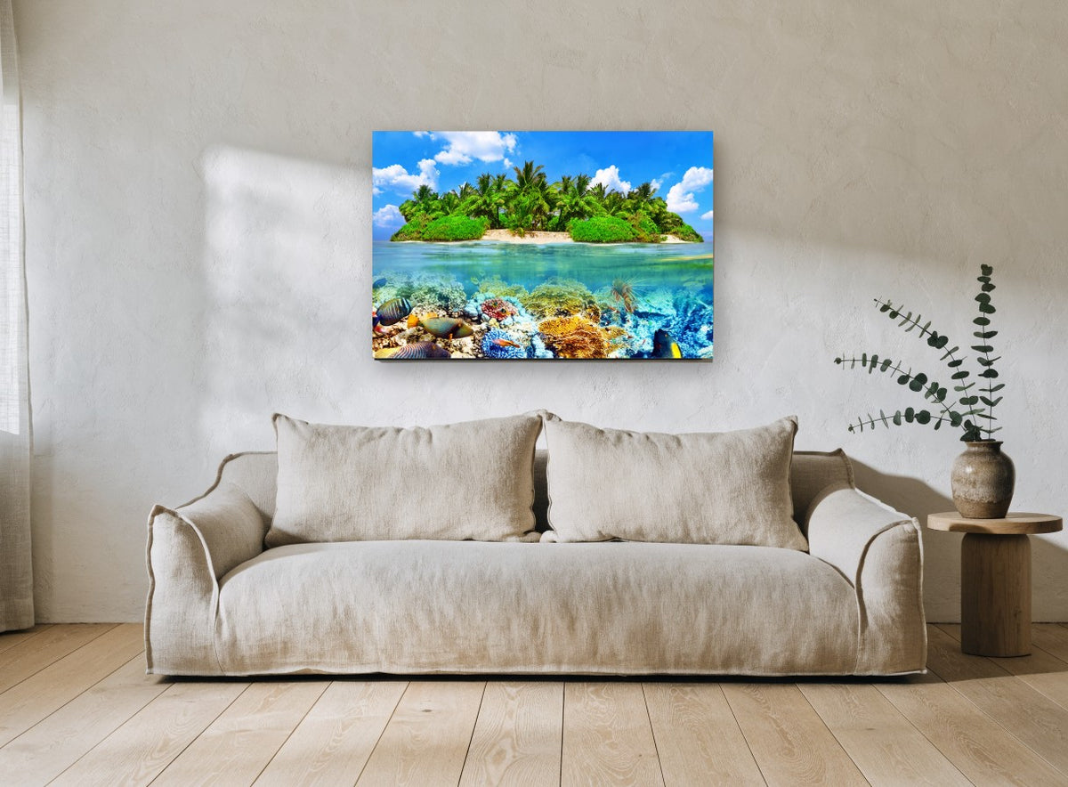 Thoddoo Reef Island coastal canvas print on the wall of a living room