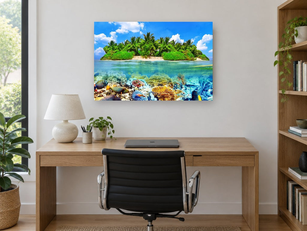 Thoddoo Reef Island coastal canvas print on the wall of a study