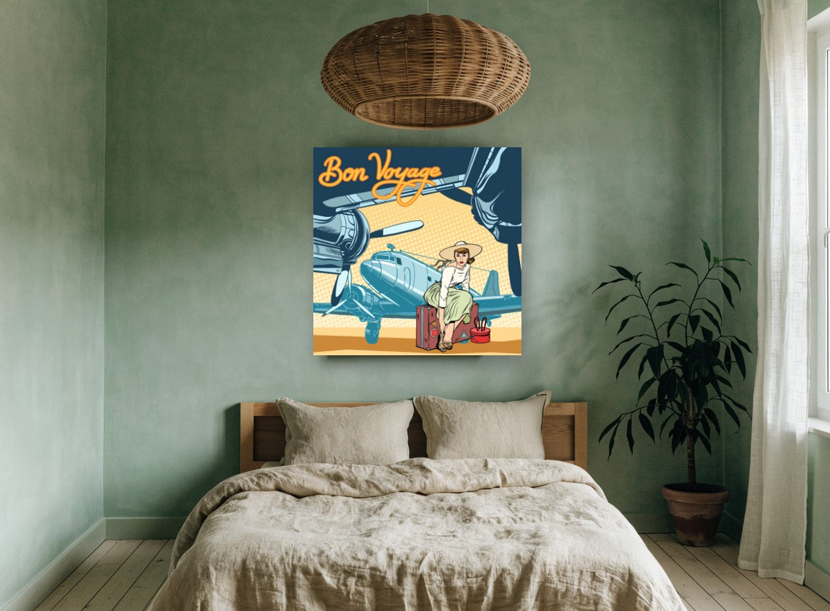 Bon Voyage Runway Departure vintage canvas print on the wall of a bedroom