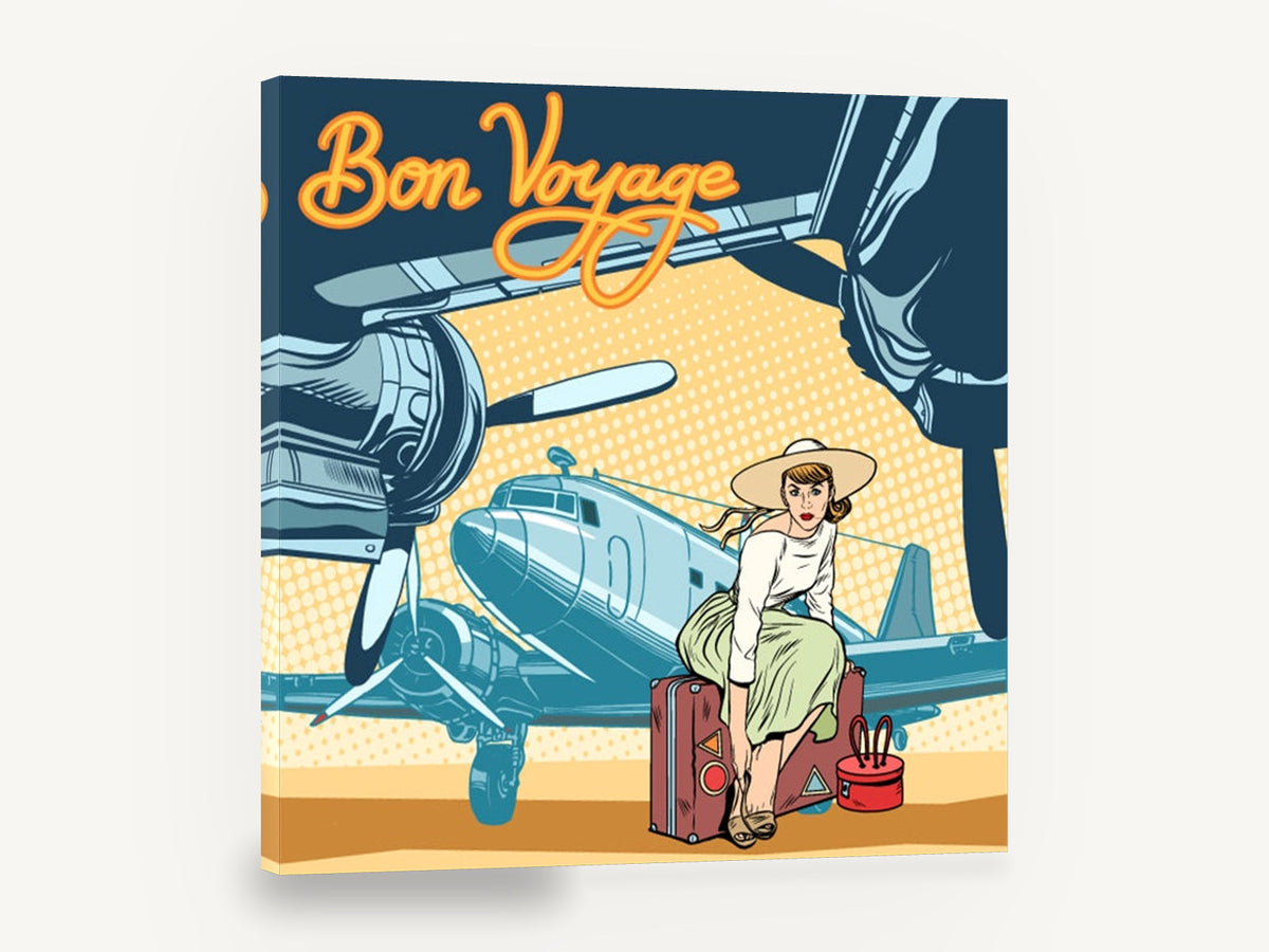 Bon Voyage Runway Departure, retro bon voyage airplane travel poster, stretched canvas wall art print ready to hang