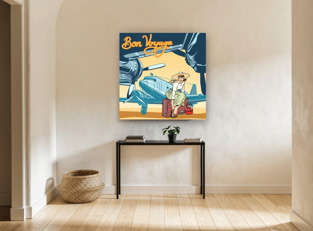 Bon Voyage Runway Departure vintage canvas print on the wall of a hallway