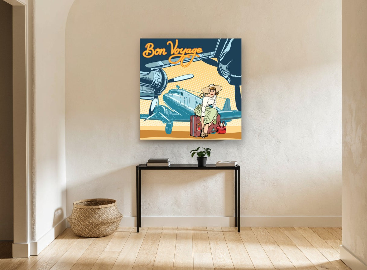 Bon Voyage Runway Departure vintage canvas print on the wall of a hallway