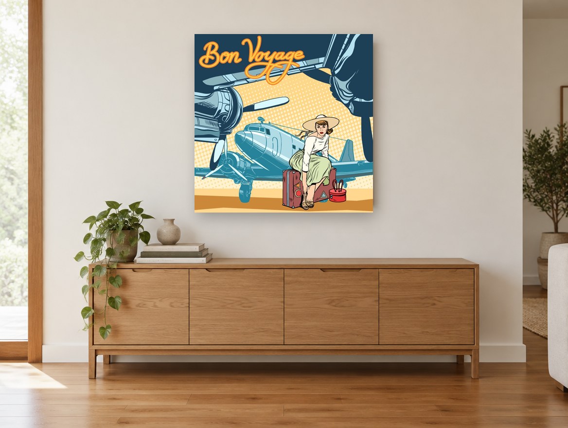 Bon Voyage Runway Departure vintage canvas print on the wall of a living room above a sideboard