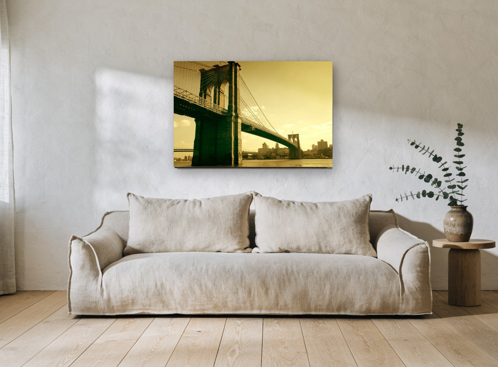 Golden Brooklyn Crossing city canvas print on the wall of a living room