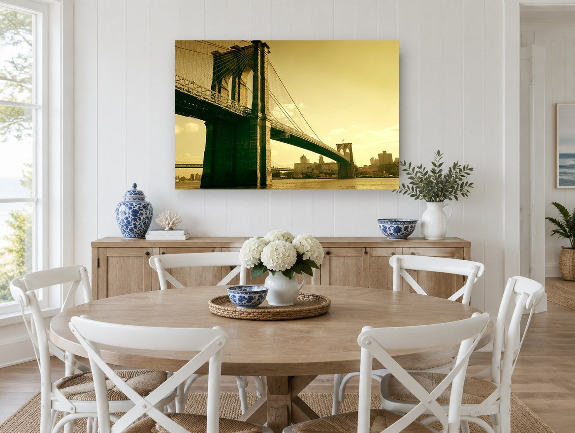 Golden Brooklyn Crossing city canvas print on the wall of a Hamptons dining room
