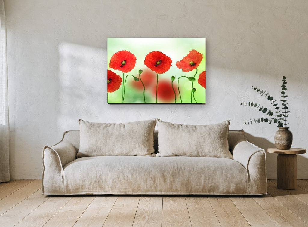 Poppies in a Row floral canvas print on the wall of a living room