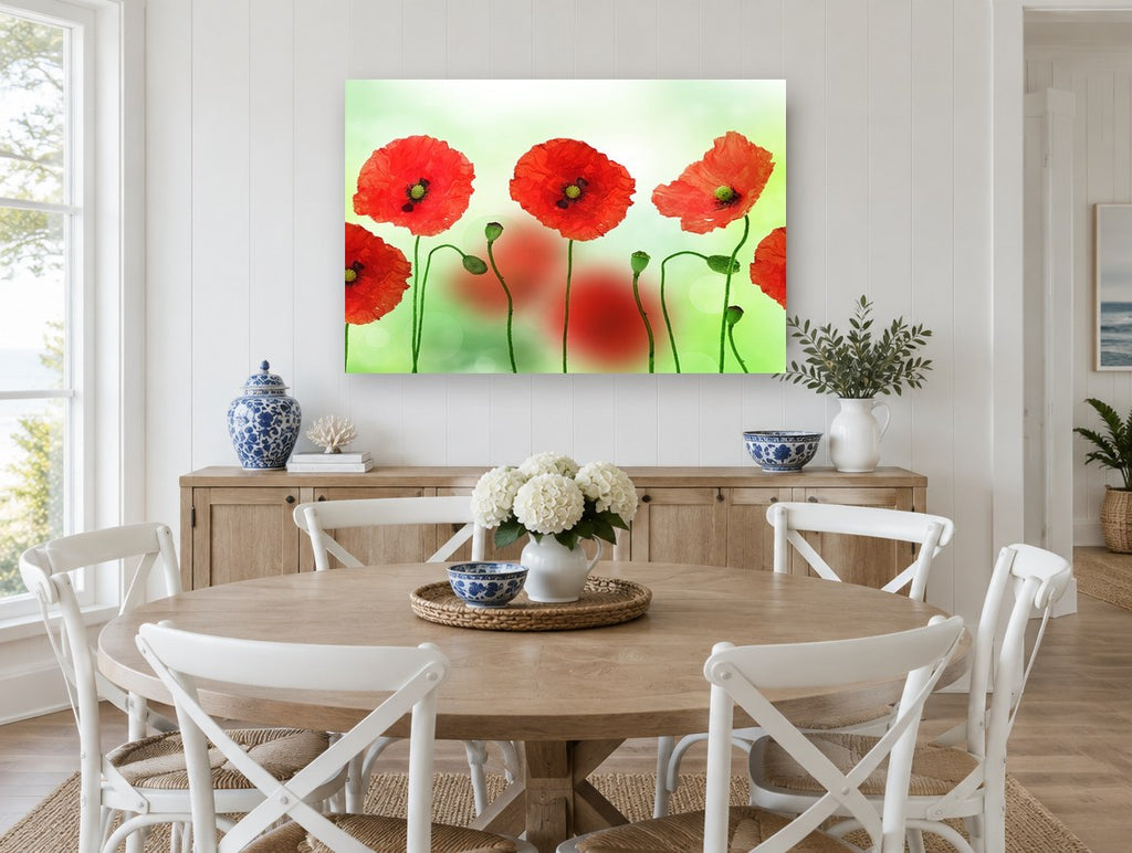 Poppies in a Row floral canvas print on the wall of a Hamptons dining room