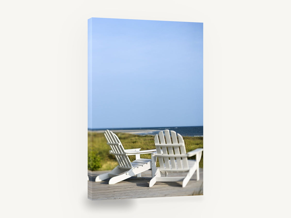 Two White Deck Chairs, white adirondack chairs beach photograph, coastal canvas wall art print ready to hang