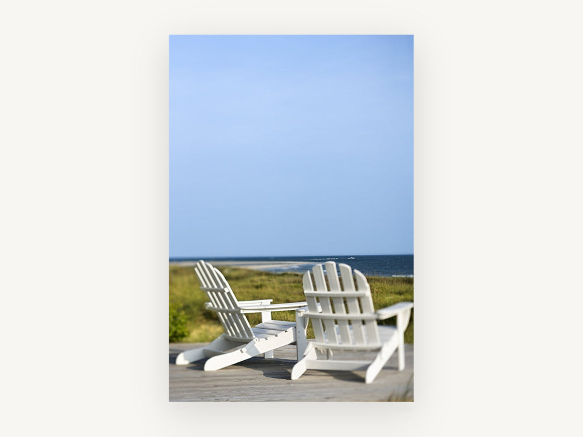 Two White Deck Chairs, coastal canvas wall art print, front view