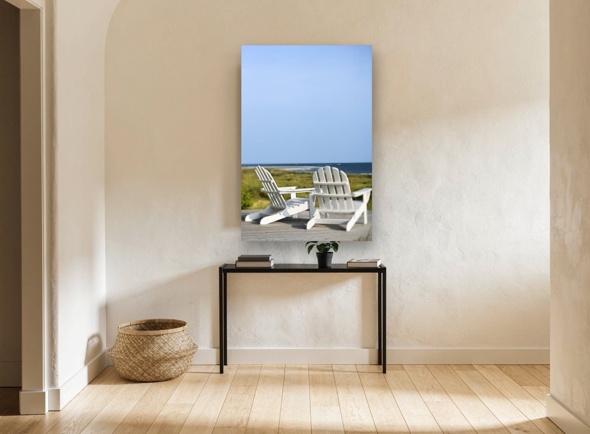 Two White Deck Chairs coastal canvas print on the wall of a hallway