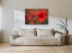 Red Poppy Field Glow floral canvas print on the wall of a living room