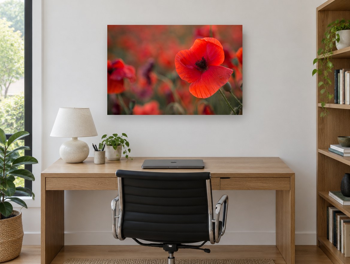 Red Poppy Field Glow floral canvas print on the wall of a study