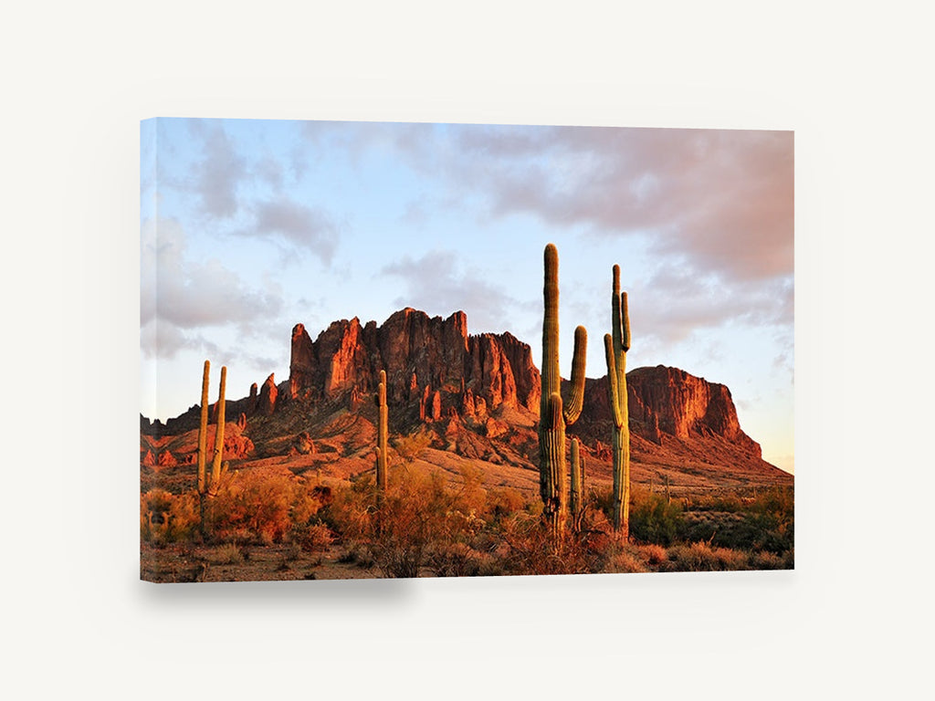 Saguaro Ridge Glow, desert cactus sunset mountain photograph, landscape canvas wall art print ready to hang