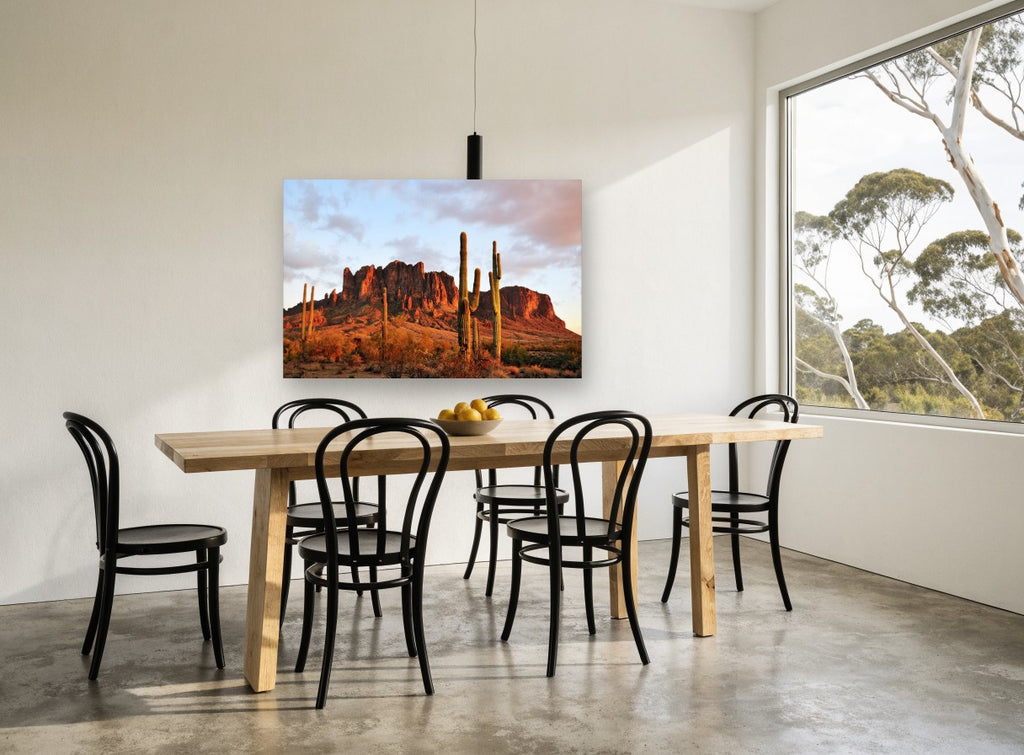 Saguaro Ridge Glow landscape canvas print on the wall of a dining room