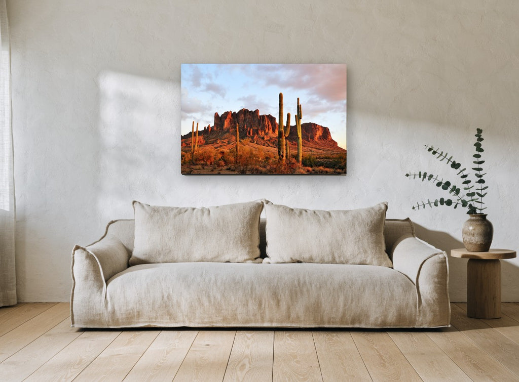 Saguaro Ridge Glow landscape canvas print on the wall of a living room