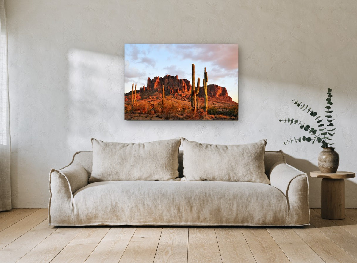 Saguaro Ridge Glow landscape canvas print on the wall of a living room