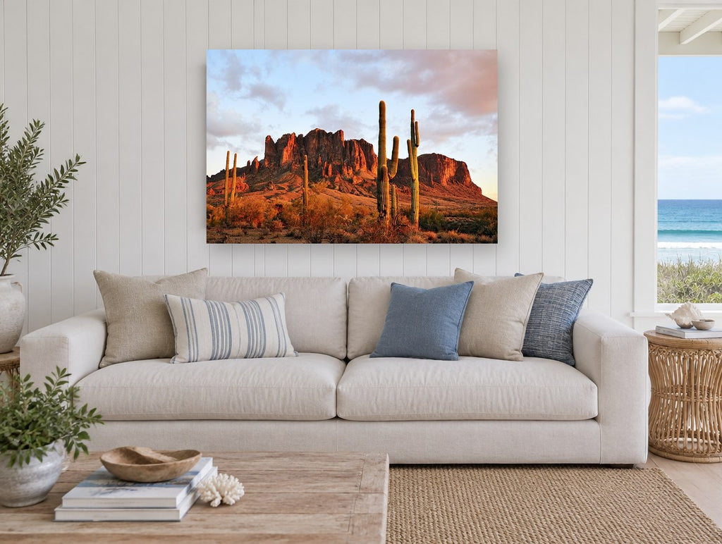Saguaro Ridge Glow landscape canvas print on the wall of a beach house living room