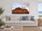 Saguaro Ridge Glow landscape canvas print on the wall of a beach house living room