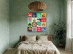 Around the World Tiles vintage canvas print on the wall of a bedroom