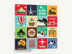 Around the World Tiles, retro world travel label poster, stretched canvas wall art print ready to hang