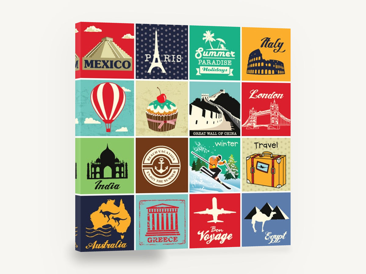 Around the World Tiles, retro world travel label poster, stretched canvas wall art print ready to hang