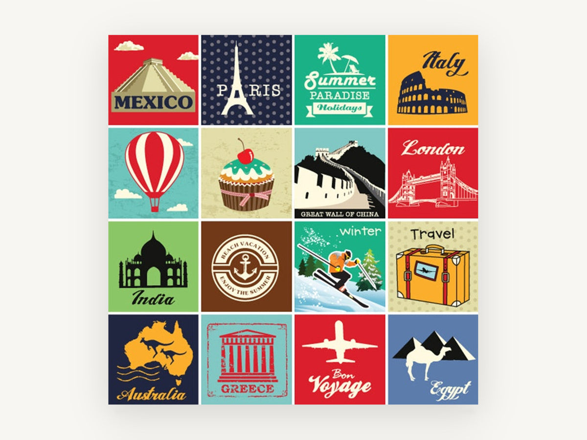 Around the World Tiles, vintage canvas wall art print, front view