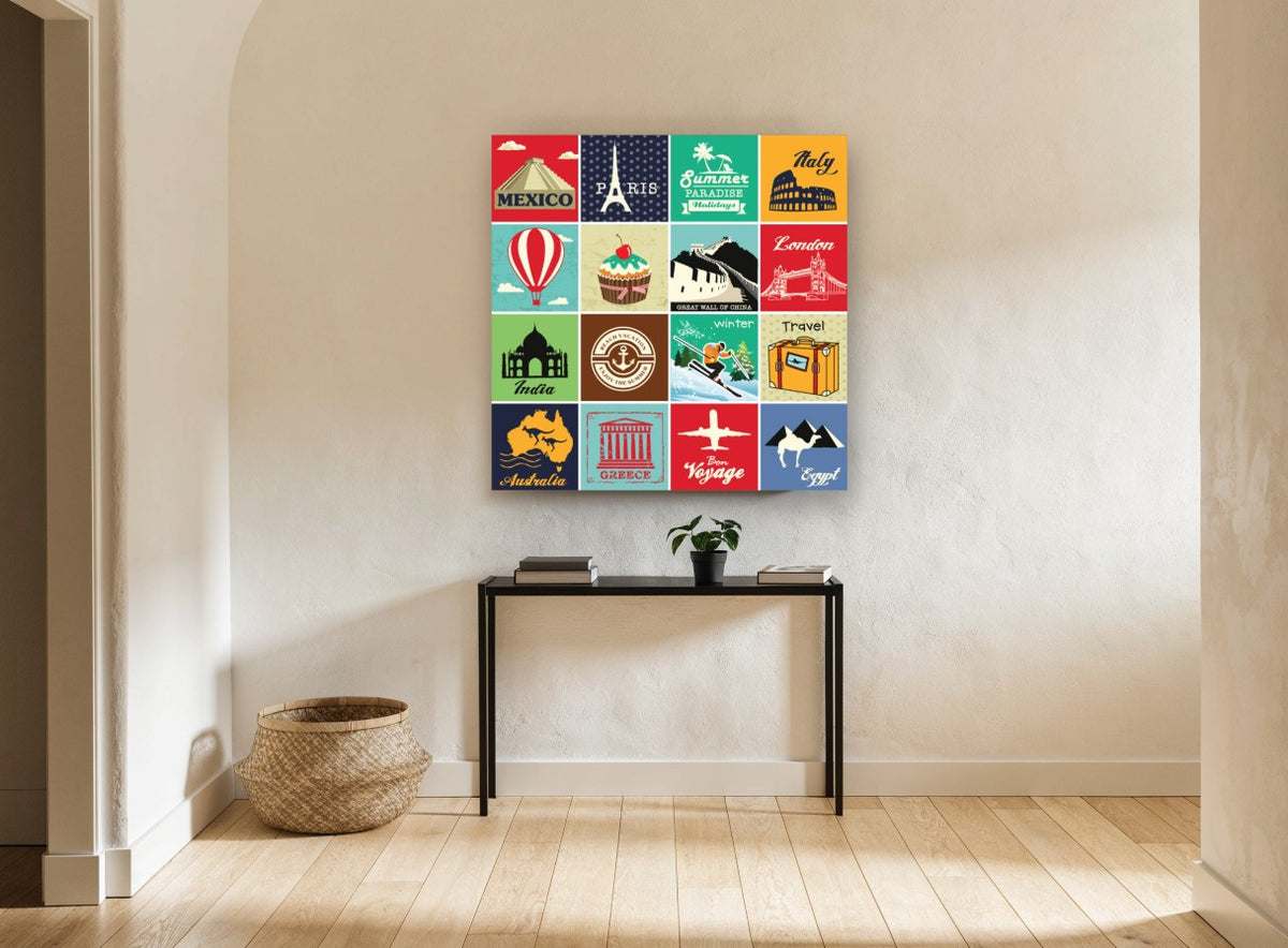 Around the World Tiles vintage canvas print on the wall of a hallway