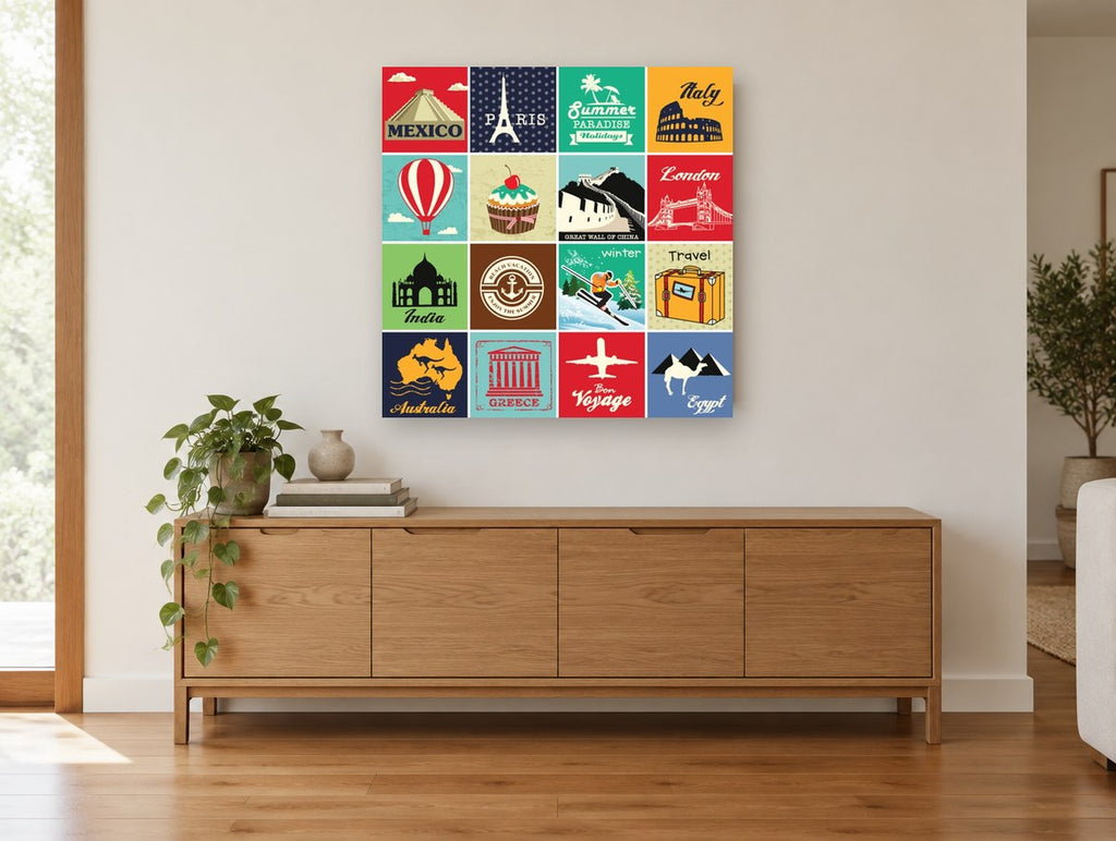 Around the World Tiles vintage canvas print on the wall of a living room above a sideboard