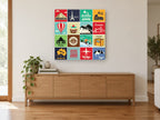 Around the World Tiles vintage canvas print on the wall of a living room above a sideboard