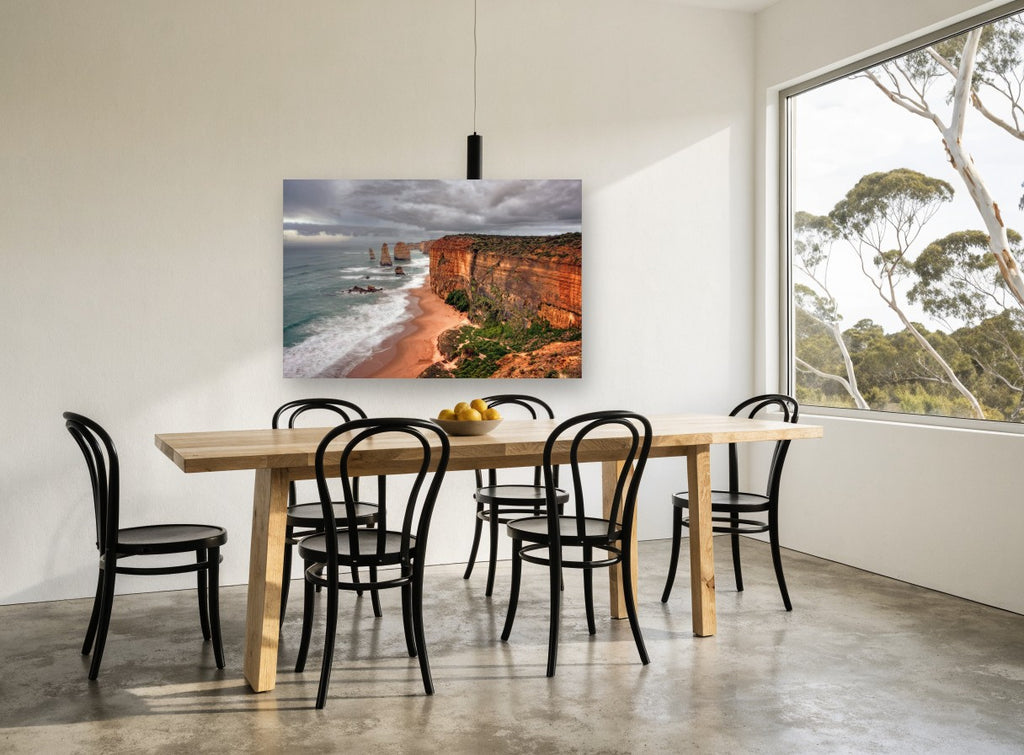 Ochre Cliffs Storm Coast coastal canvas print on the wall of a dining room