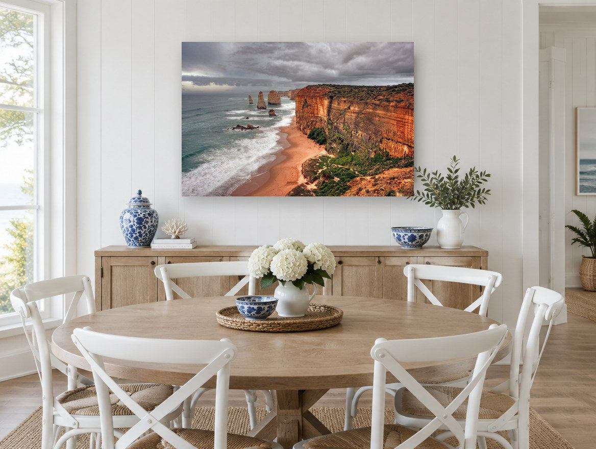 Ochre Cliffs Storm Coast coastal canvas print on the wall of a Hamptons dining room