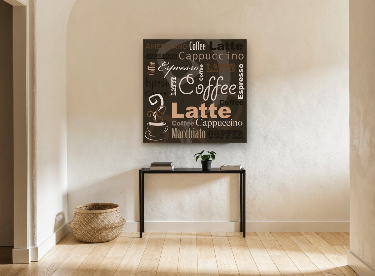 Café Word Collage kitchen canvas print on the wall of a hallway