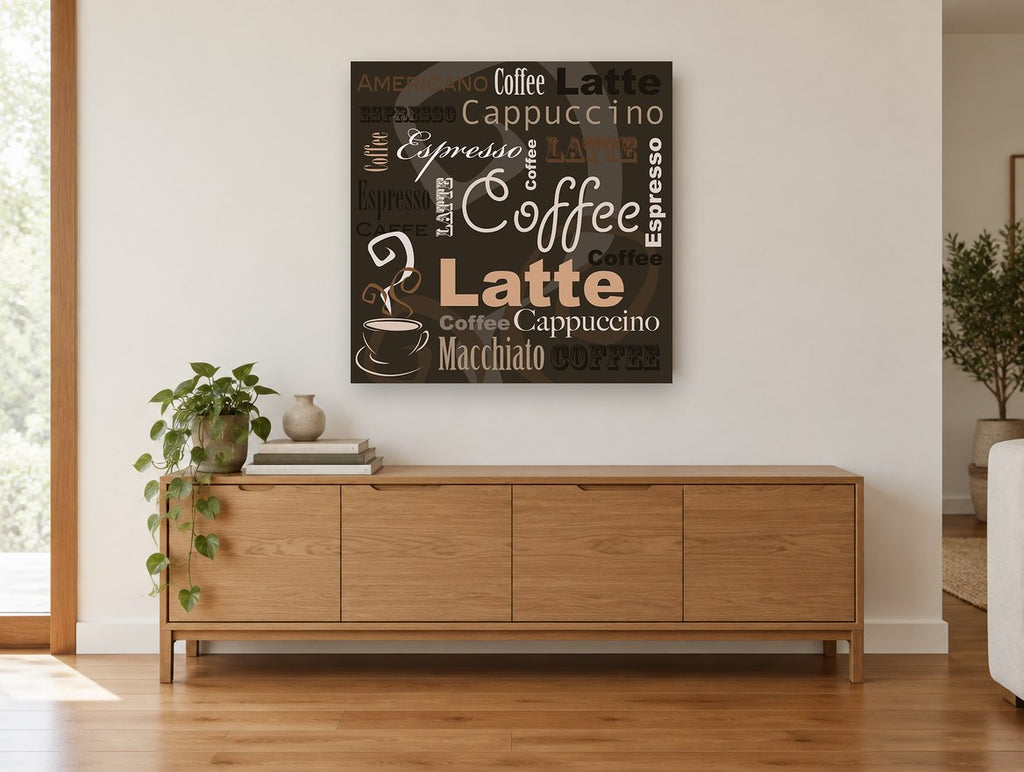 Café Word Collage kitchen canvas print on the wall of a living room above a sideboard
