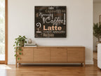 Café Word Collage kitchen canvas print on the wall of a living room above a sideboard