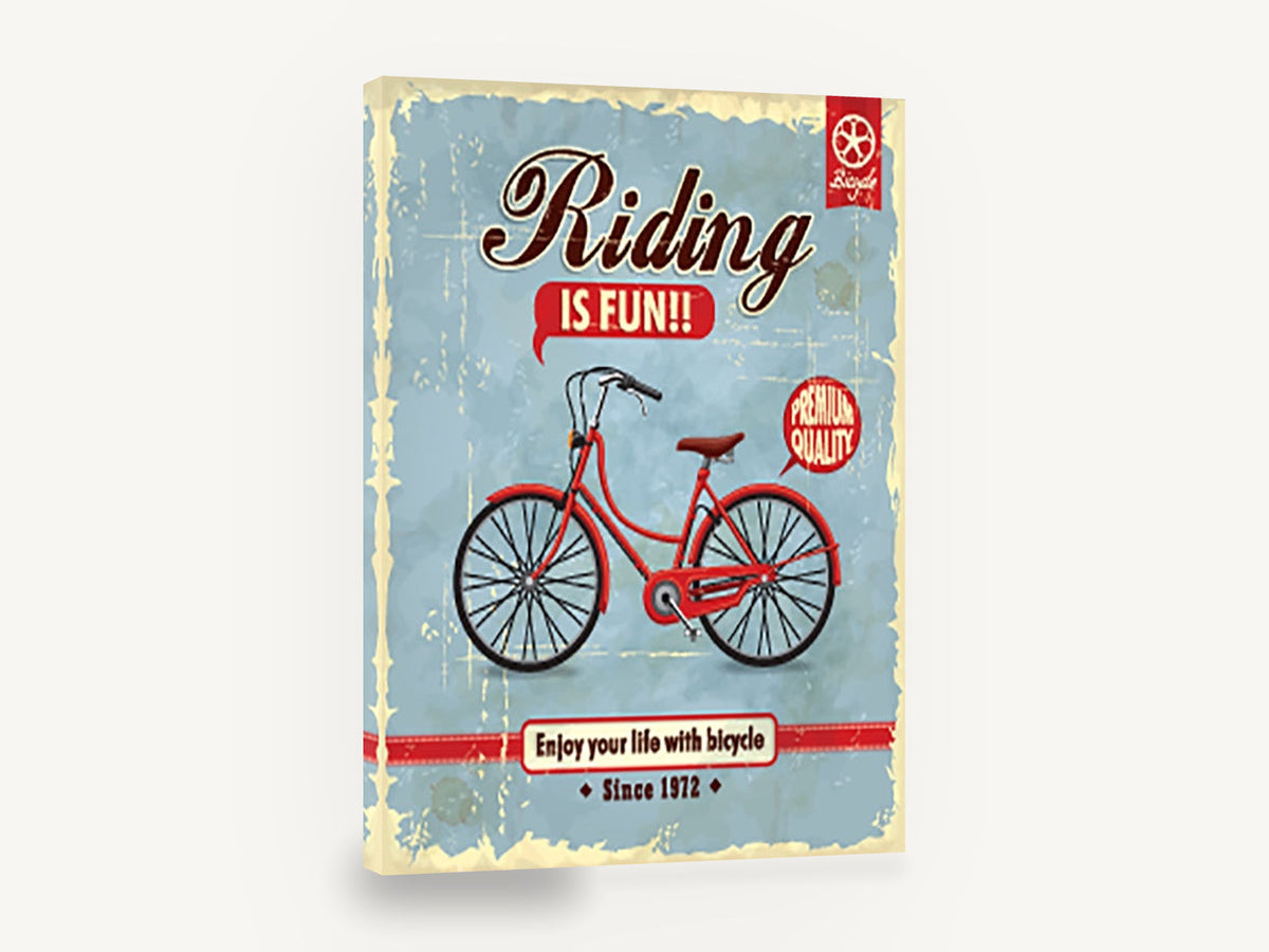 Riding Is Fun, retro red bicycle advertising poster, stretched canvas wall art print ready to hang