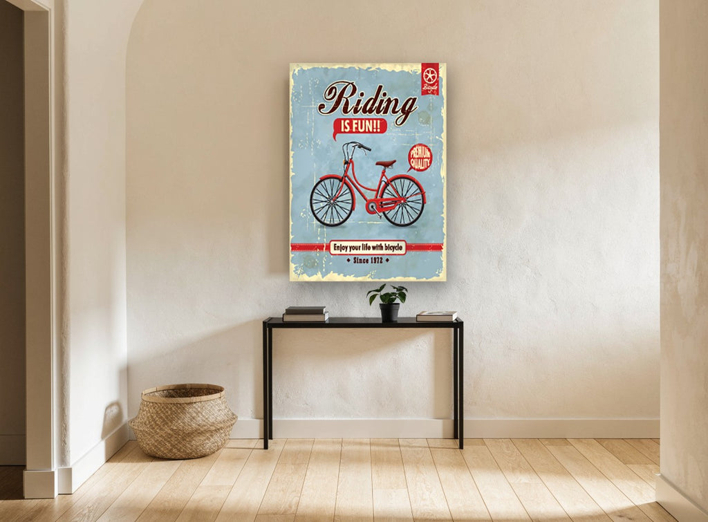 Riding Is Fun vintage canvas print on the wall of a hallway