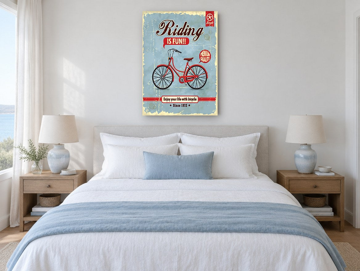 Riding Is Fun vintage canvas print on the wall of a coastal bedroom